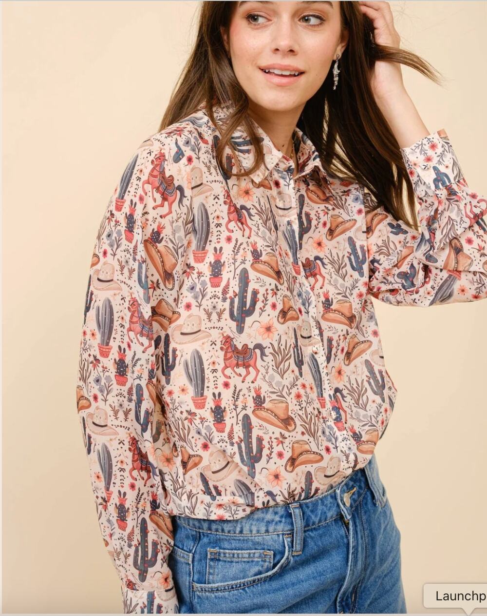 Blue B Painted Desert Western Chiffon Button Up Shirt Small NWT